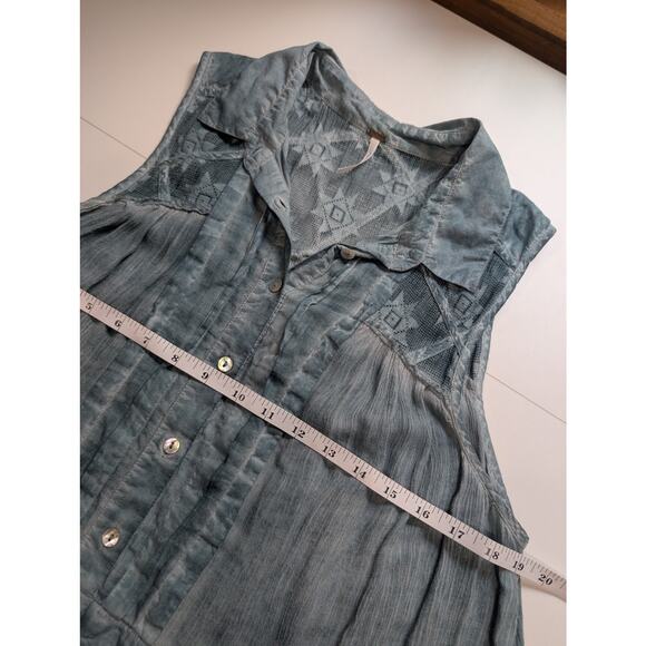 Free people Top Womens Large Blue Sleeveless Boho Blouse Lace Tank - Picture 9 of 11